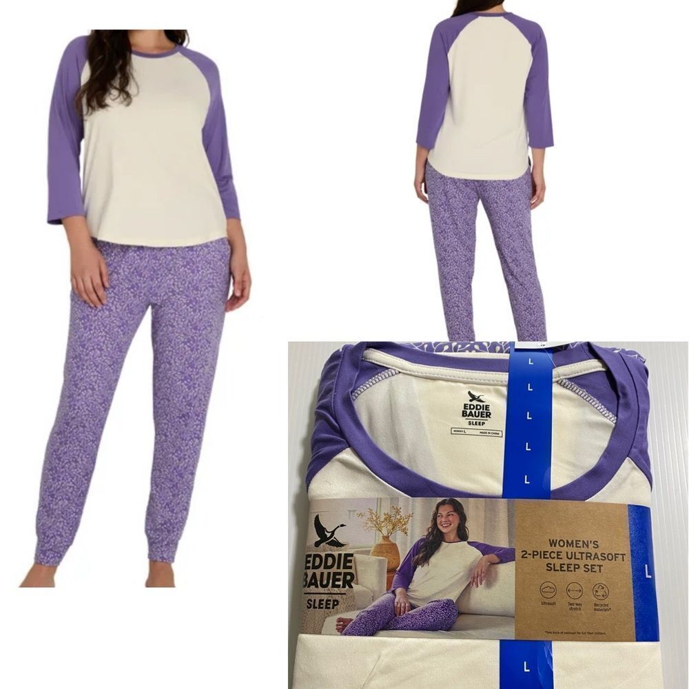 Eddie Bauer Womens 2-piece Ultrasoft Sleep pajamas Purple white NEW Large